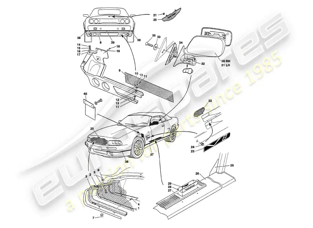 aston martin v8 volante (1998) body fittings parts diagram