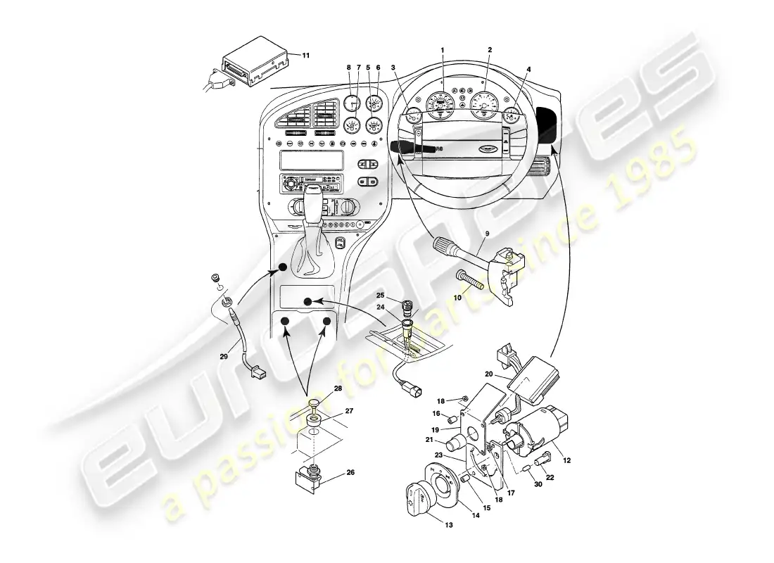 aston martin v8 volante (1998) instruments & controls parts diagram
