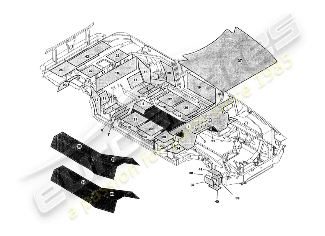 aston martin v8 volante (1998) sound deadening part diagram
