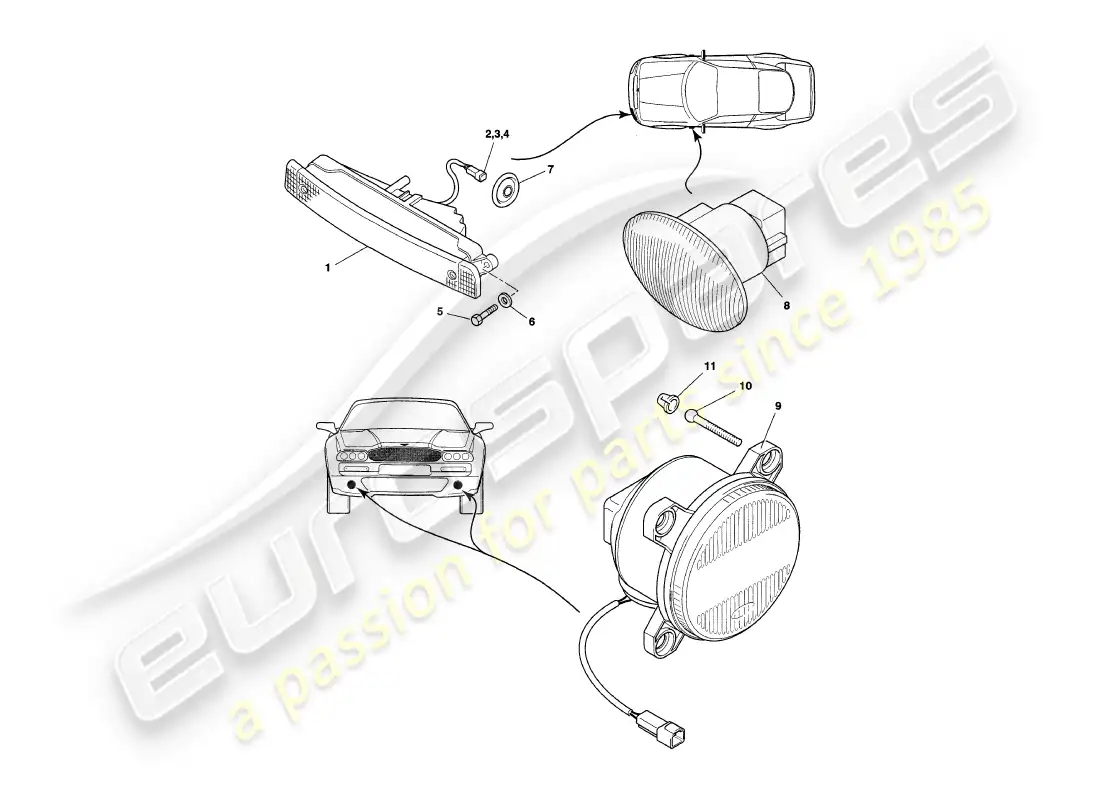 aston martin v8 coupe (2000) exterior lamps parts diagram