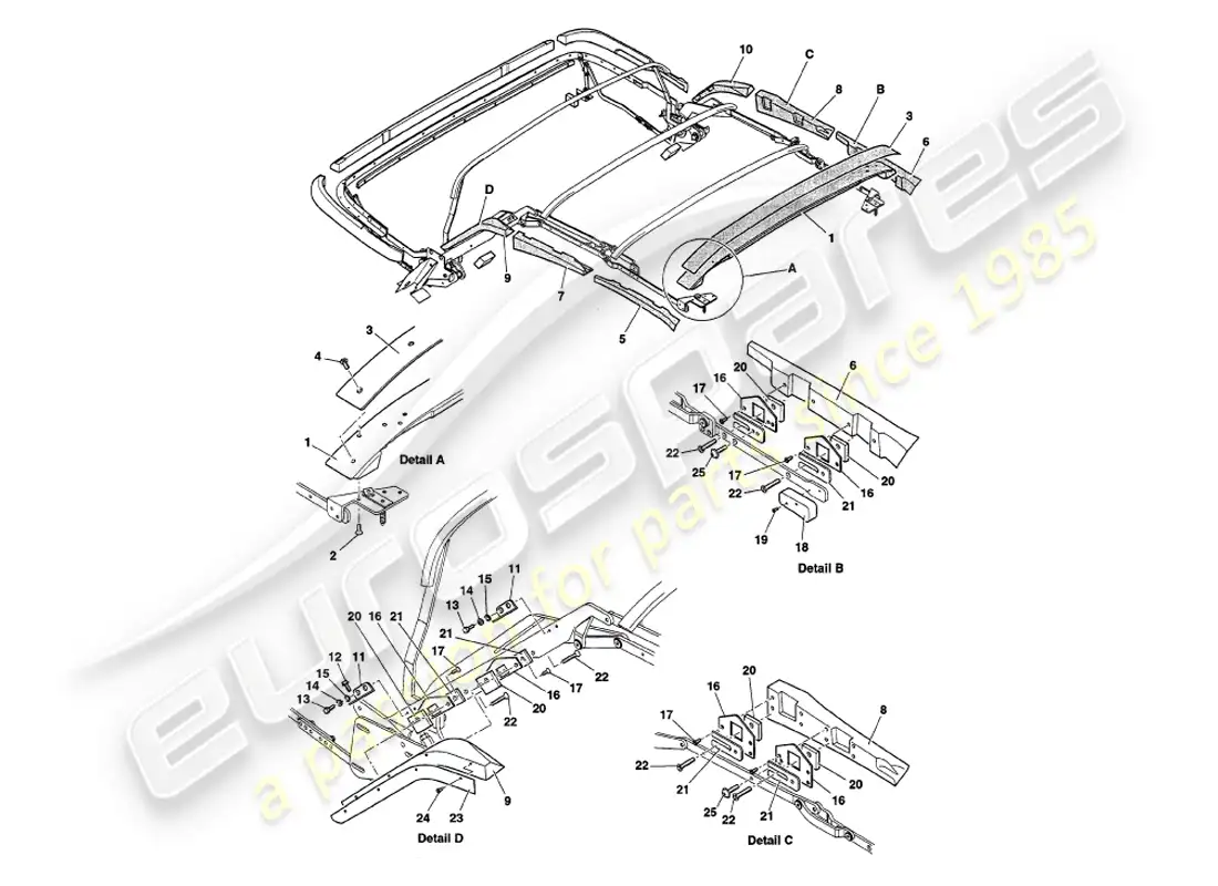 aston martin v8 volante (1997) hood frame woods parts diagram