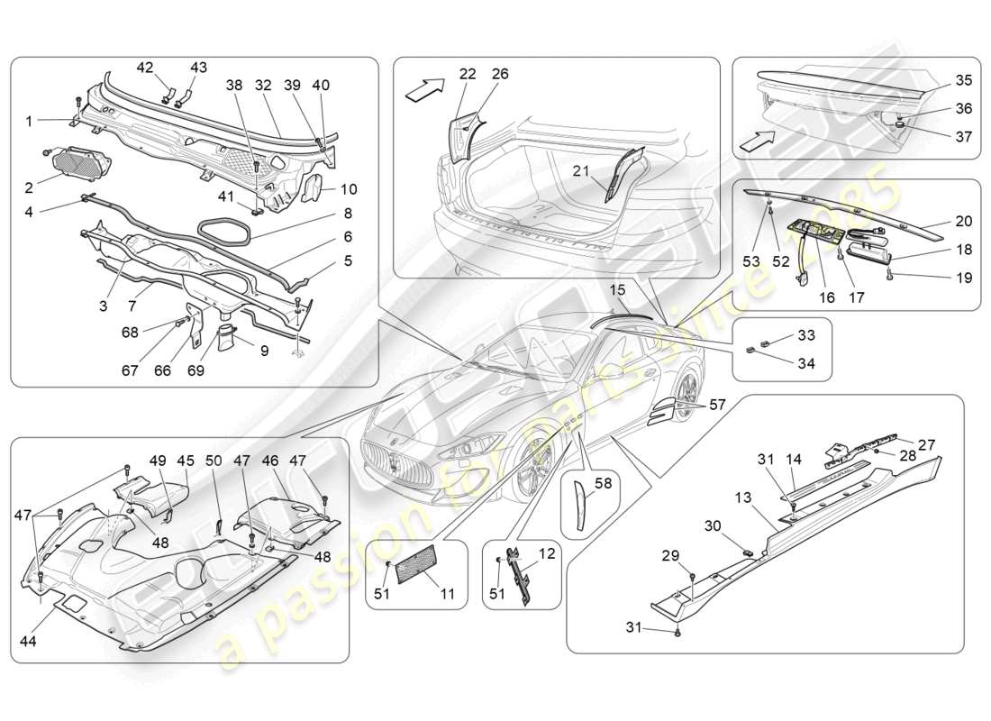 maserati granturismo mc stradale (2011) shields, trims and covering panels part diagram