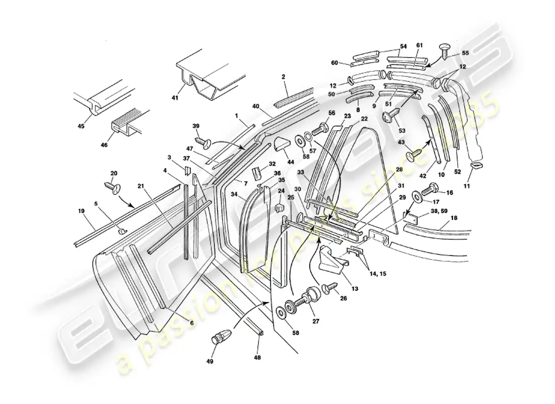 aston martin v8 volante (2000) weather seals part diagram