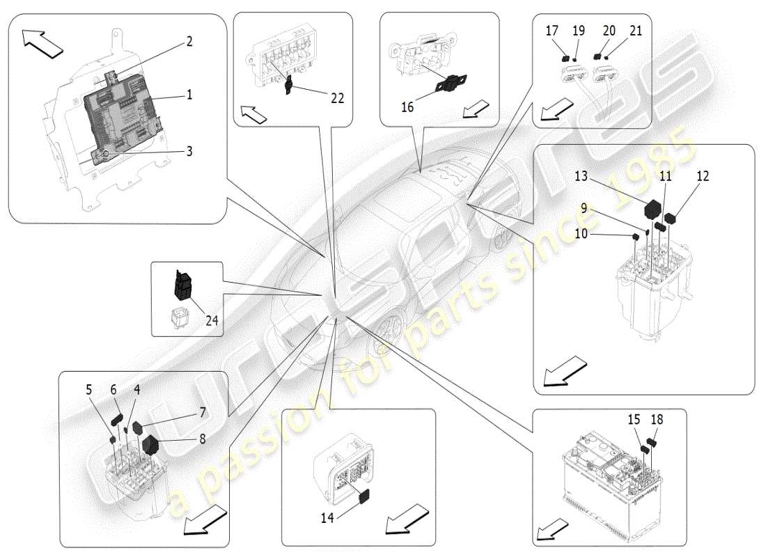 maserati mc20 (2024) relays, fuses and boxes parts diagram
