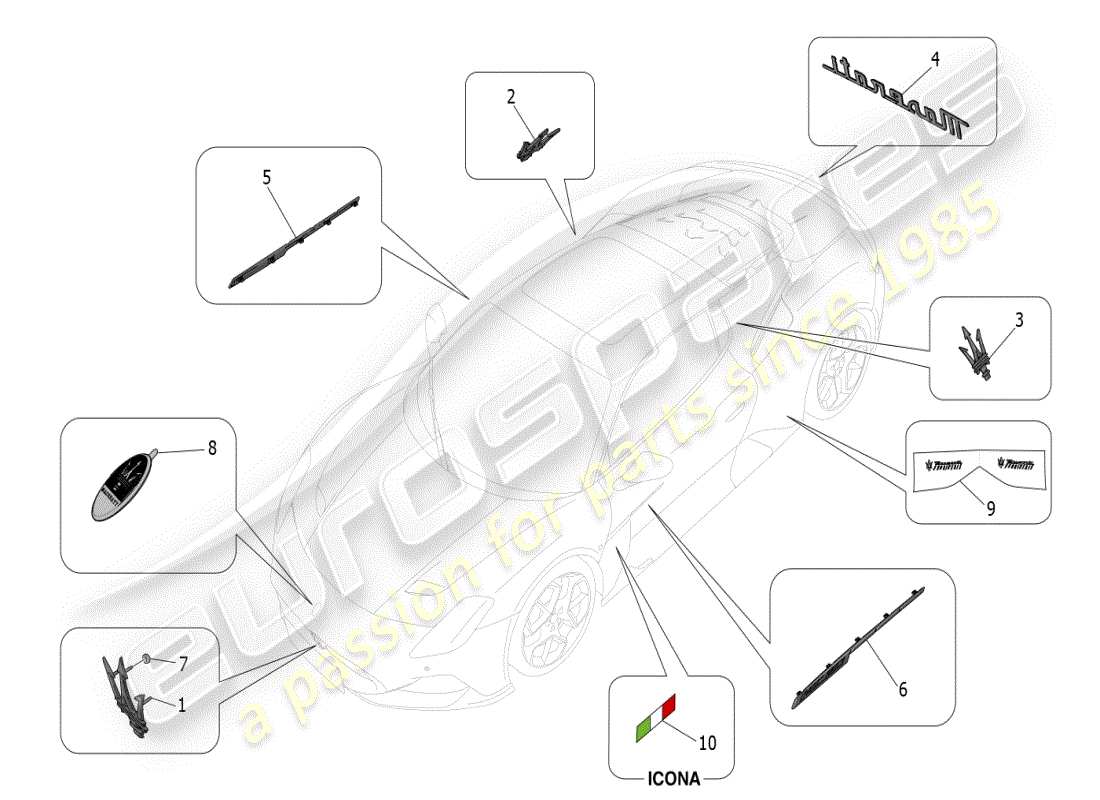 maserati mc20 (2024) trims, brands and symbols part diagram