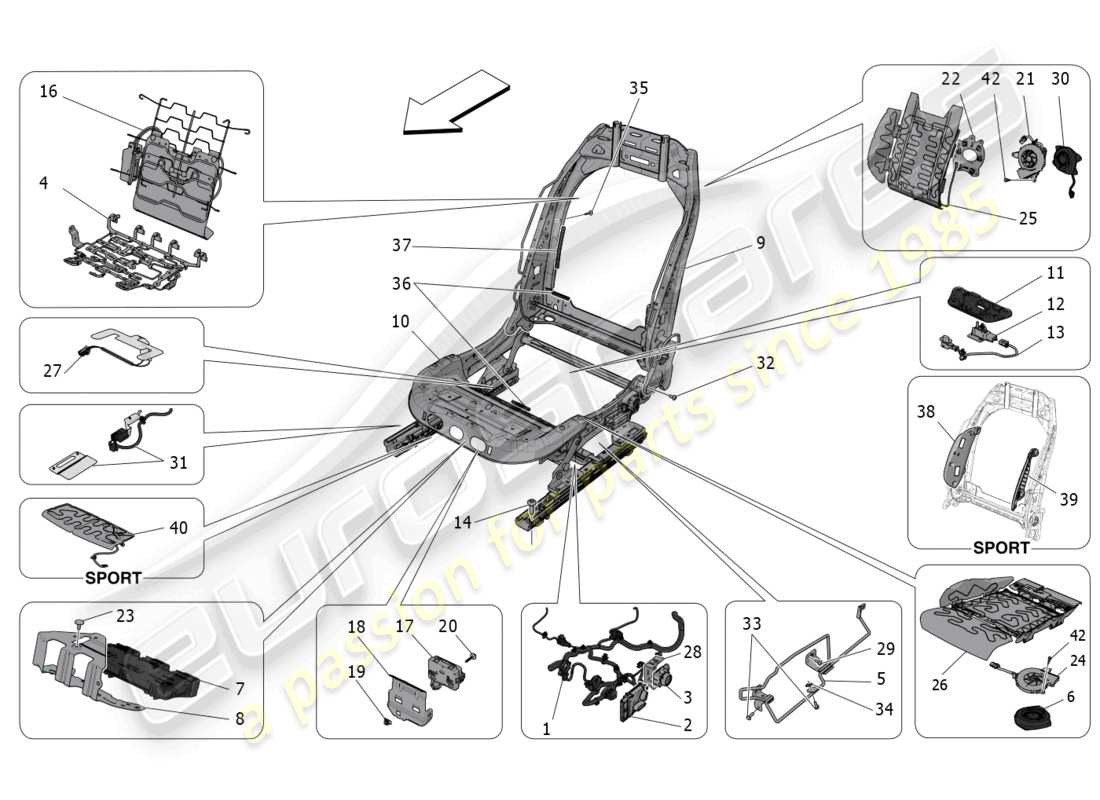 maserati grecale gt (2023) front seats: mechanics and electronics part diagram