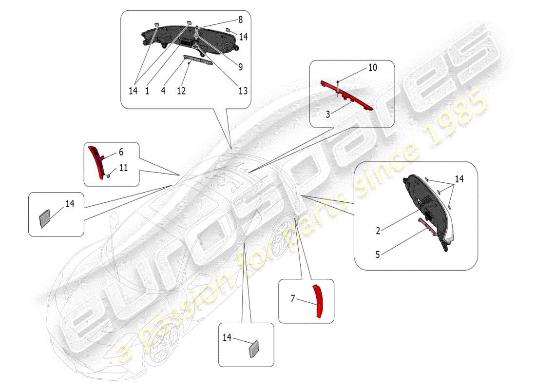 maserati mc20 (2024) taillight clusters parts diagram