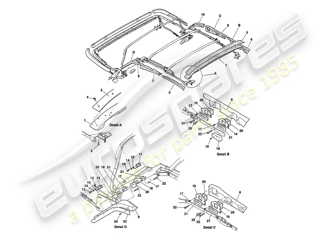 aston martin v8 volante (2000) hood frame woods part diagram