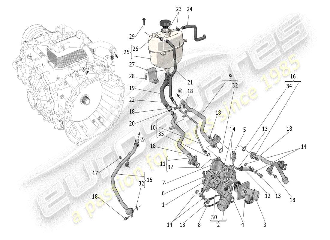 maserati mc20 (2024) cooling system: nourice and lines parts diagram