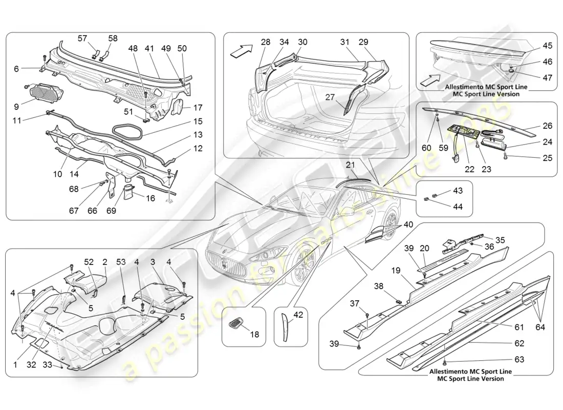 maserati granturismo (2008) shields, trims and covering panels parts diagram