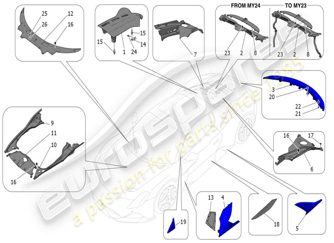 maserati mc20 (2024) shields, trims and covering panels parts diagram