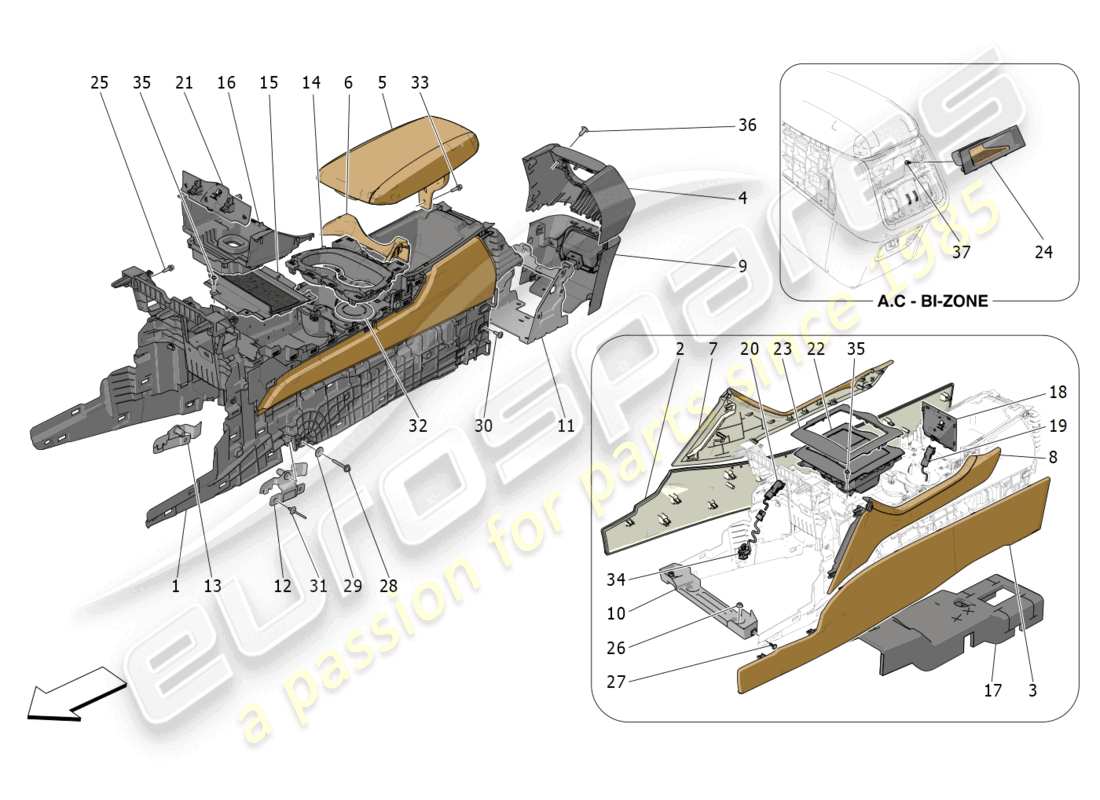 maserati grecale gt (2023) accessory console and centre console part diagram