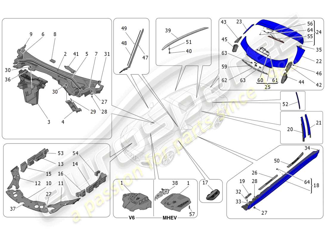 maserati grecale gt (2023) shields, trims and covering panels part diagram
