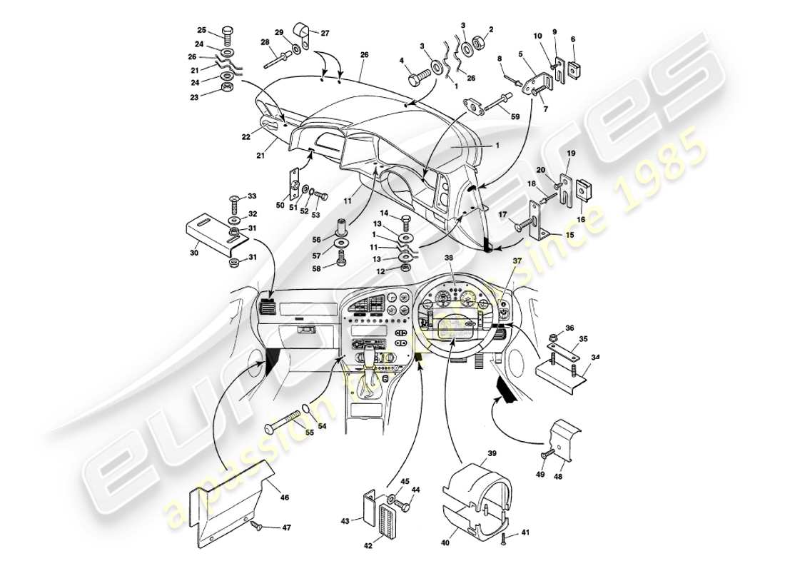 aston martin v8 volante (1999) fascia & trim part diagram
