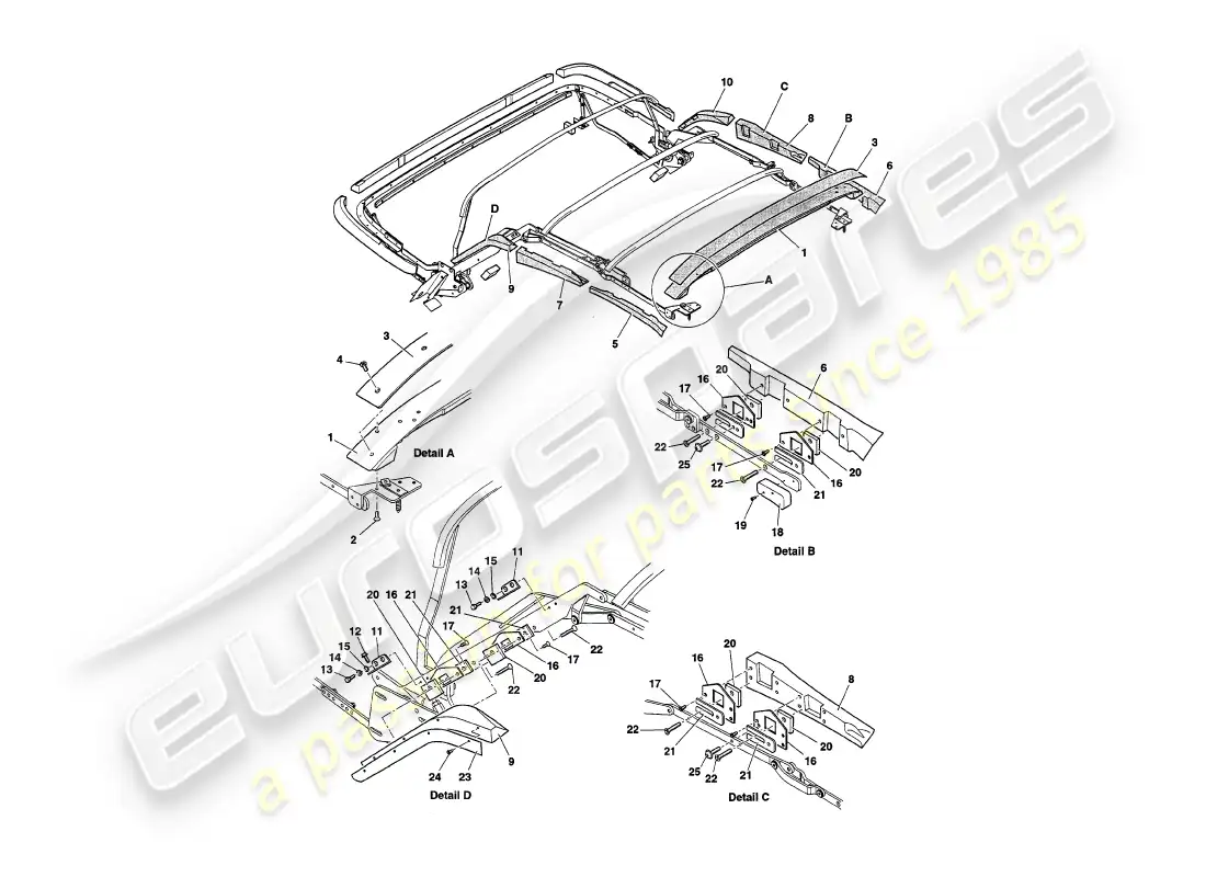 aston martin v8 volante (1999) hood frame woods parts diagram
