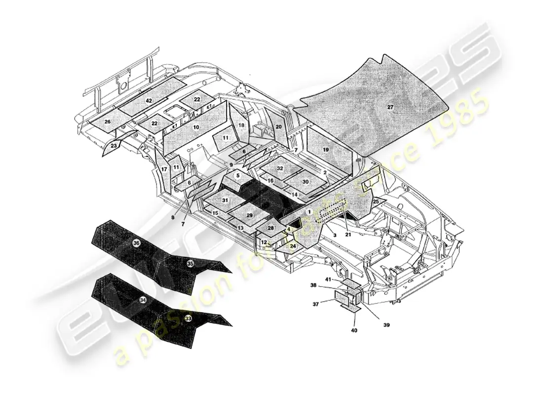 aston martin v8 volante (1999) sound deadening parts diagram