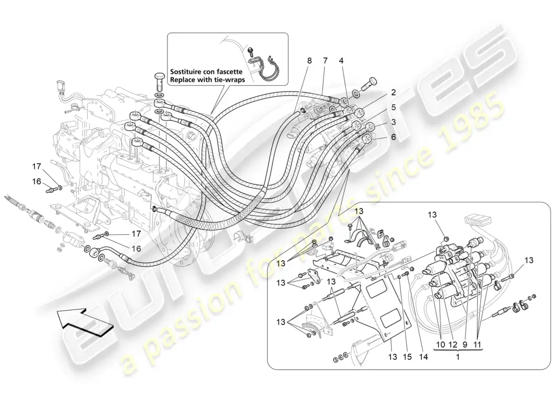 maserati granturismo (2009) gearbox activation hydraulics: power unit parts diagram