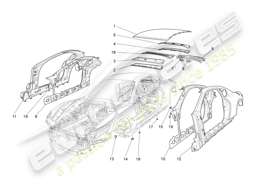 maserati granturismo (2016) bodywork and central outer trim panels parts diagram