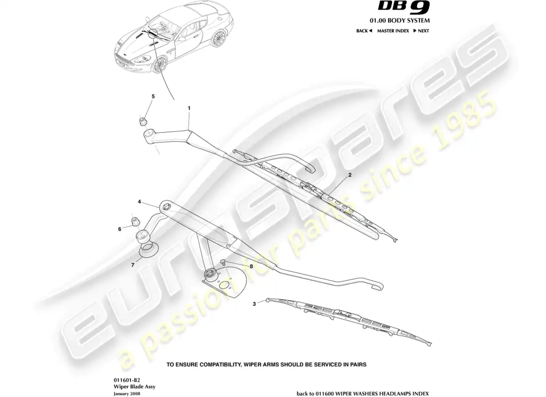 aston martin db9 (2012) wiper blade assembly parts diagram