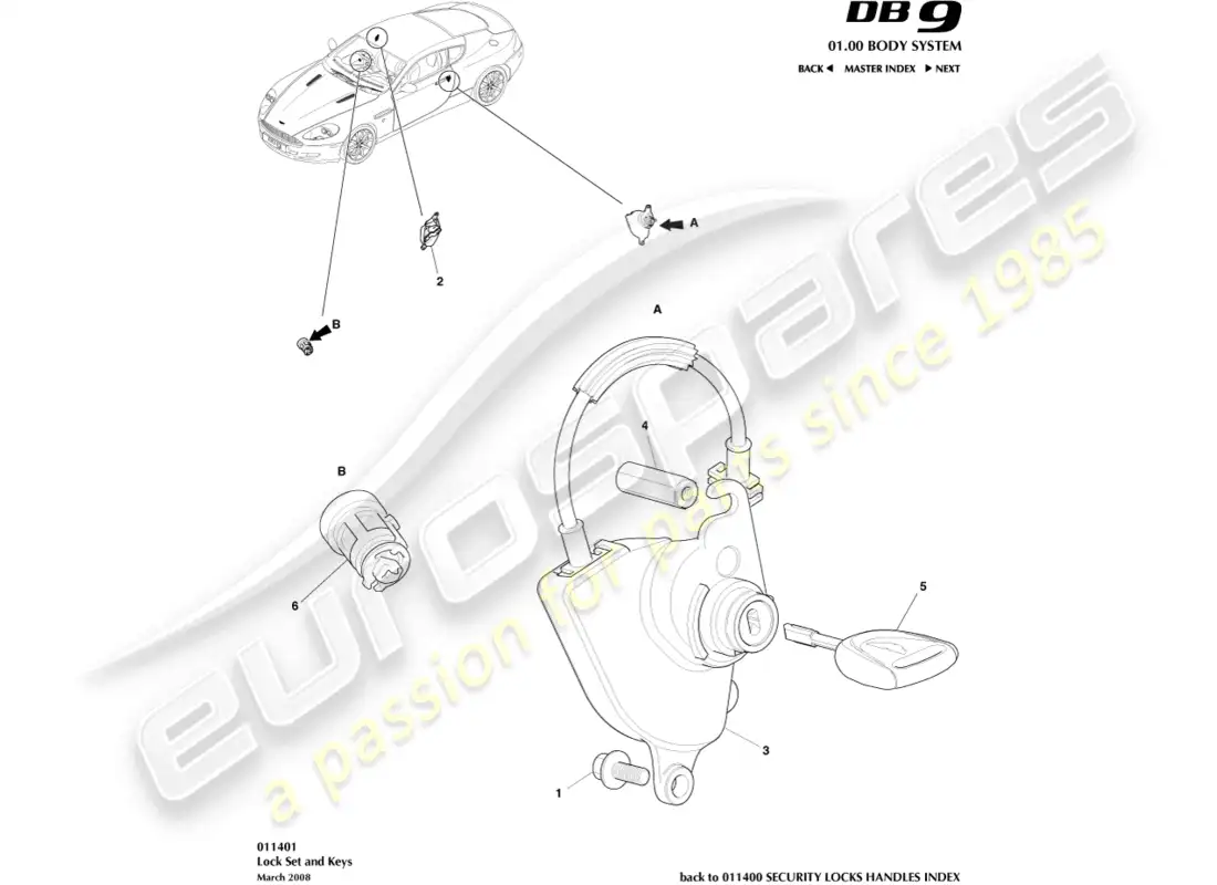 aston martin db9 (2012) lock set and keys parts diagram