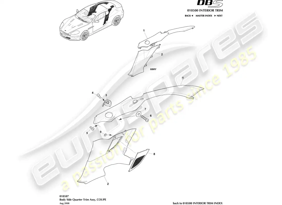 aston martin dbs (2010) body side quarter trim, coupe parts diagram