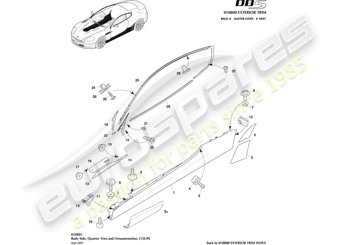 aston martin dbs (2008) bodyside & quarter trim, coupe parts diagram
