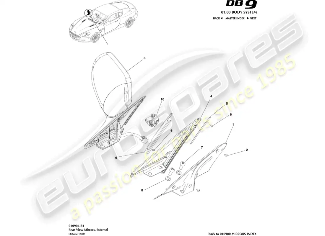 aston martin db9 (2008) exterior rear view mirrors parts diagram