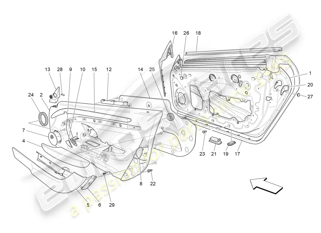 maserati granturismo (2016) front doors: trim panels parts diagram