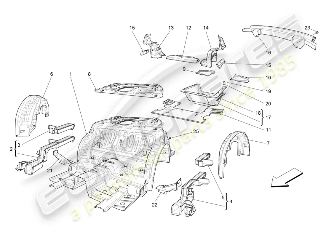 maserati granturismo (2008) rear structural frames and sheet panels parts diagram