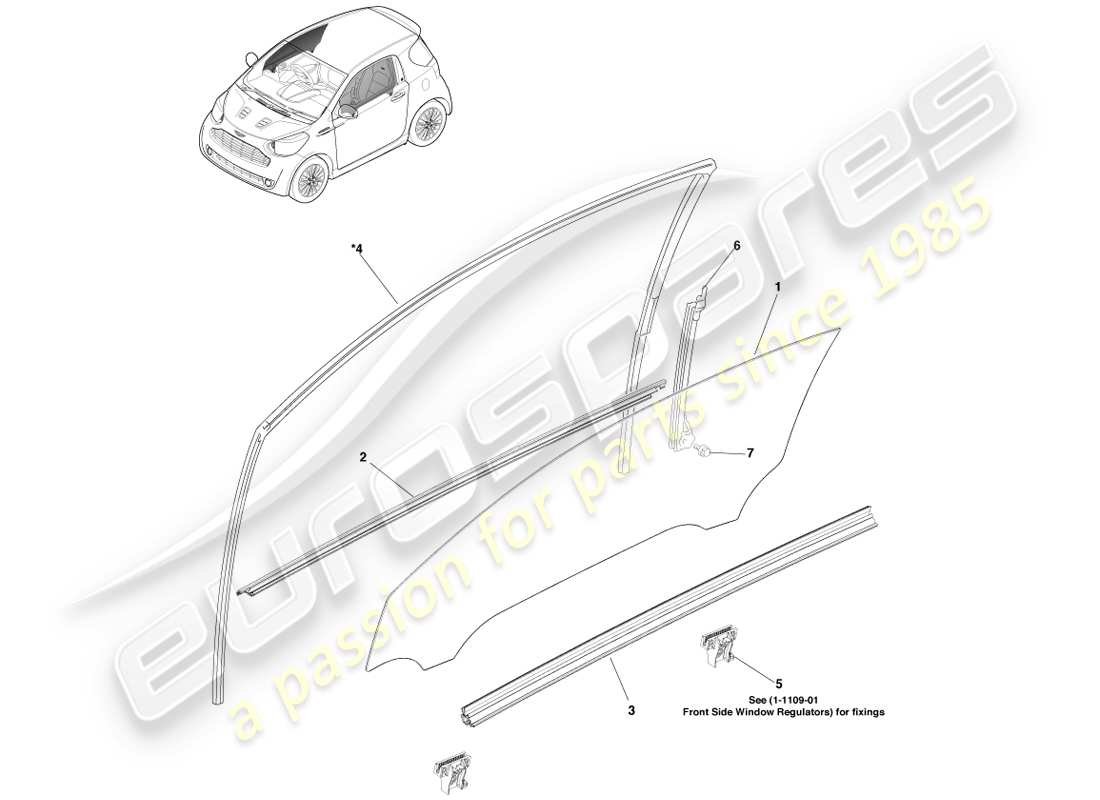 aston martin cygnet (2012) front door glass part diagram