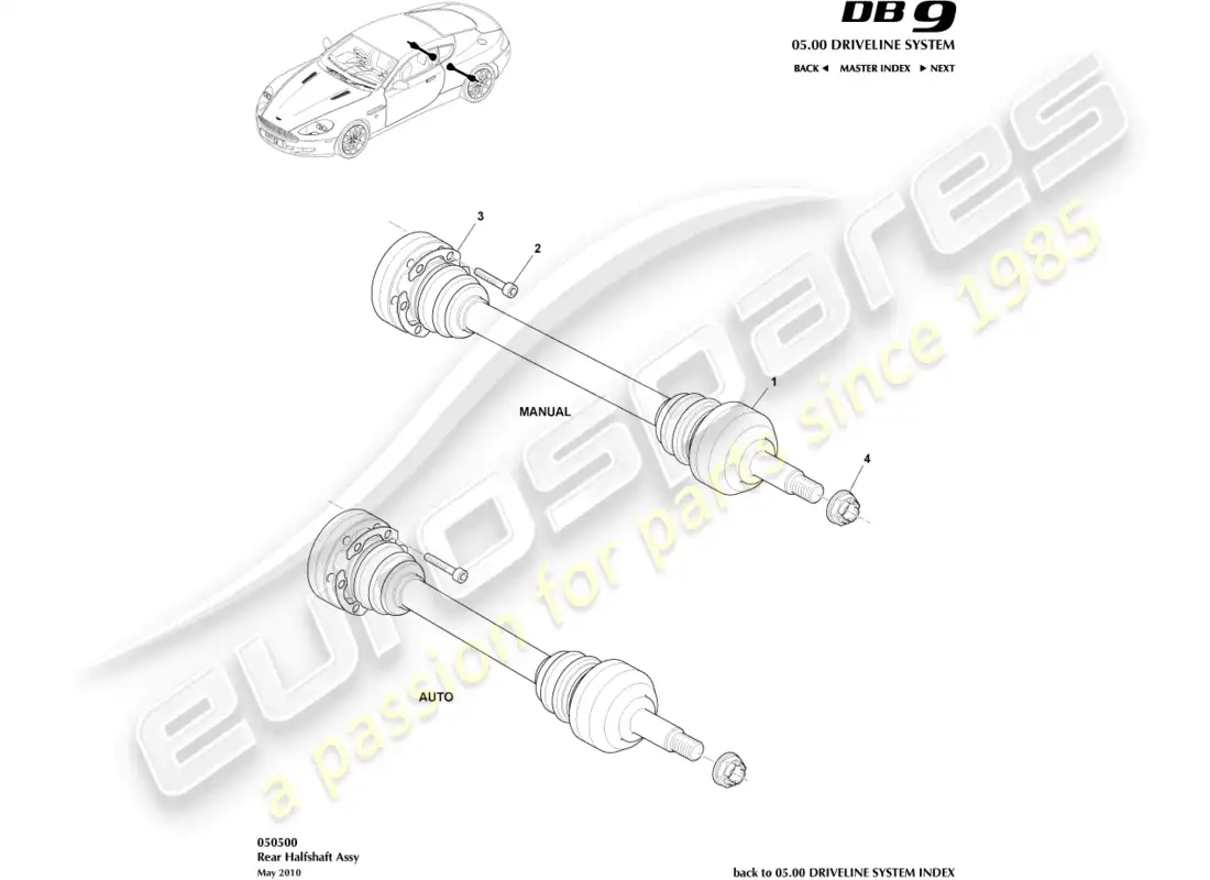 aston martin db9 (2012) rear halfshaft assembly parts diagram