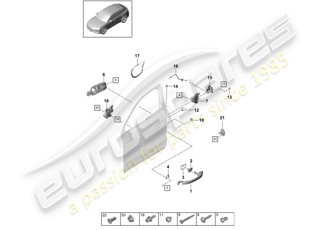 porsche 2021 (cayenne e3 9ya/9yb) door handle, exterior front door lock coupe part diagram