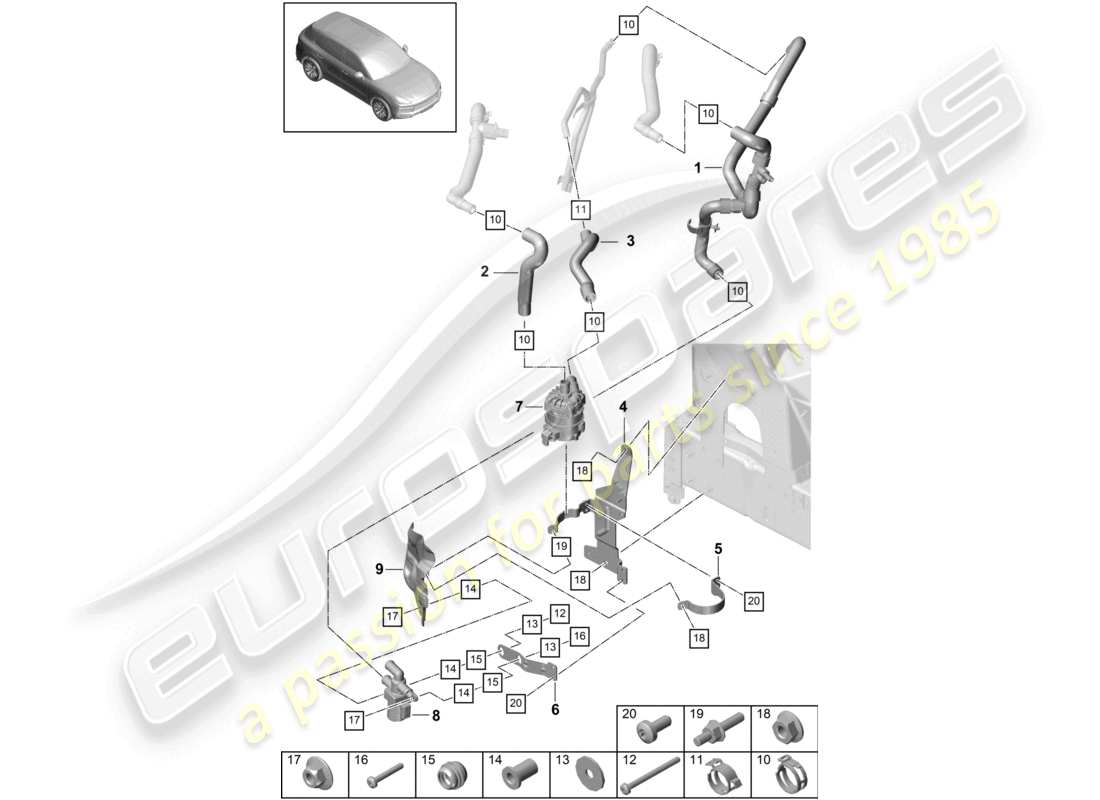porsche 2024 (cayenne e3 9ya/9yb) heater v8 low-temperature circuit left front for vehicles with hybrid drive part diagram