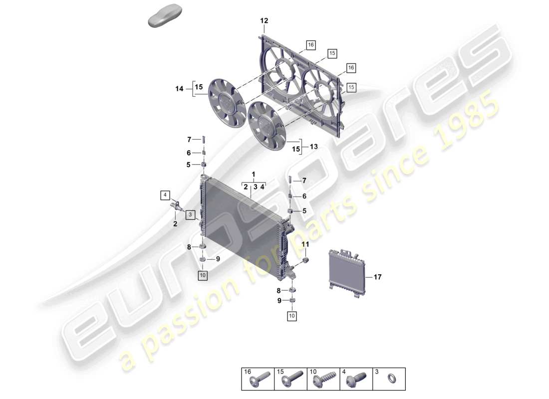 porsche 2026 (cayenne e3 pa) coolant cooling system cooler for coolant radiator cowl part diagram