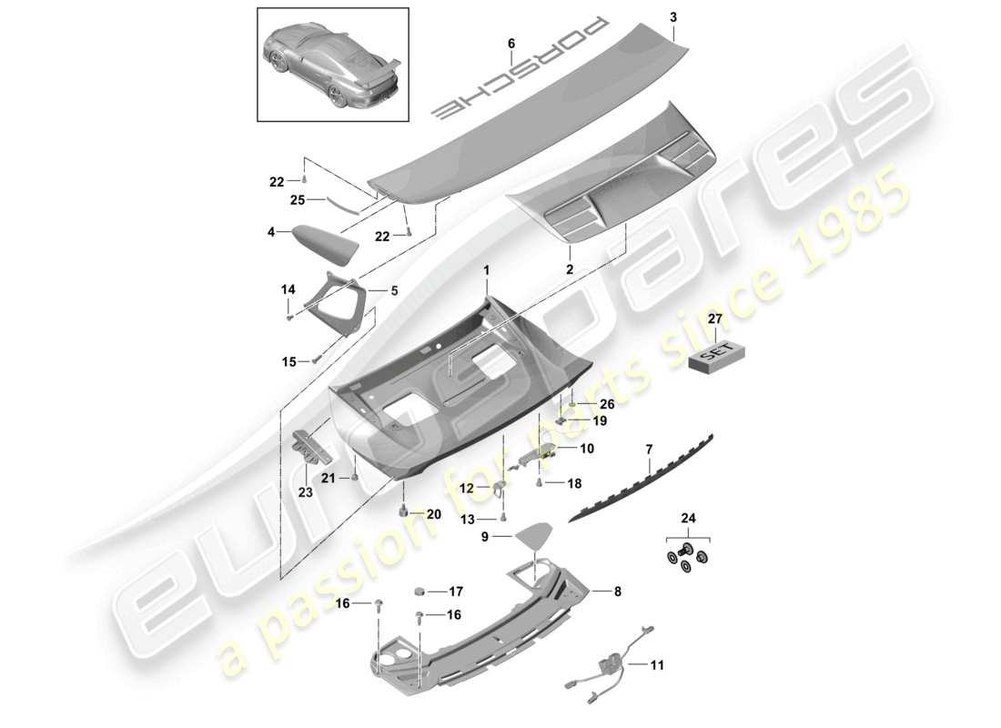 porsche 2021 (991-2 r/gt3/rs) rear lid rear spoiler accessories d - mj 2018>> part diagram