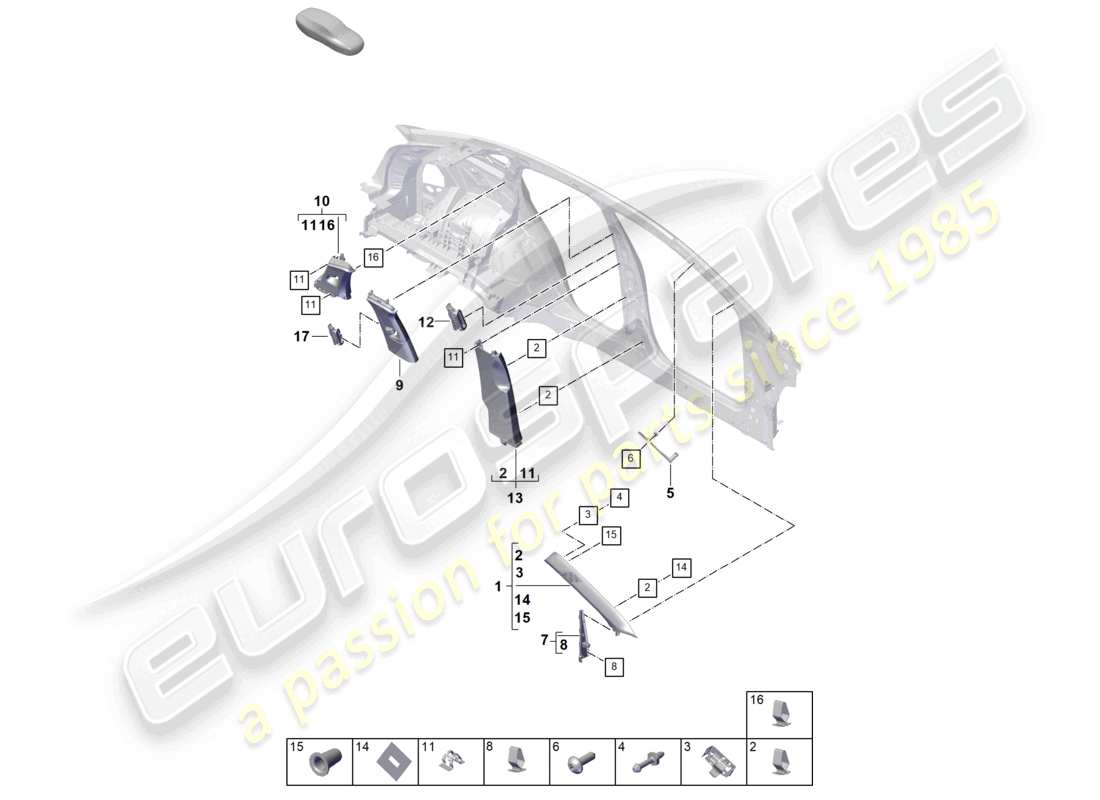 porsche 2024 (cayenne e3 pa) trim upper a-pillar b-pillar c-pillar trim and deformation element part diagram