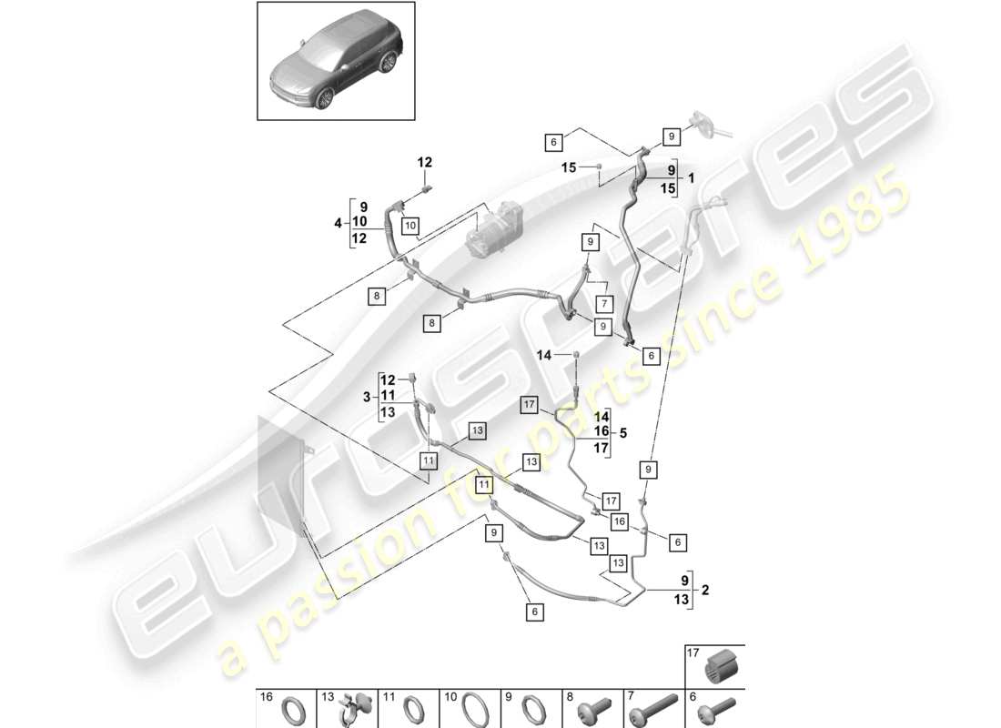 porsche 2024 (cayenne e3 9ya/9yb) refrigerant circuit v8 r134a coolant for vehicles with hybrid drive part diagram