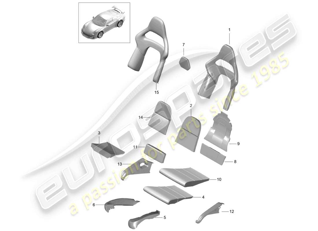 porsche 2021 (991-2 r/gt3/rs) foam part backrest covers seat covers seat and backrest surface bucket seat folding part diagram
