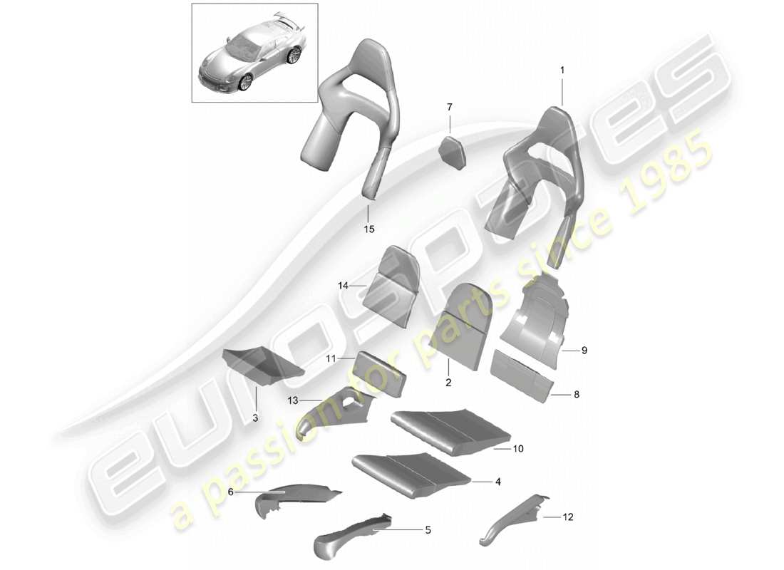 porsche 2021 (991-2 r/gt3/rs) foam part backrest covers seat covers bucket seat folding part diagram