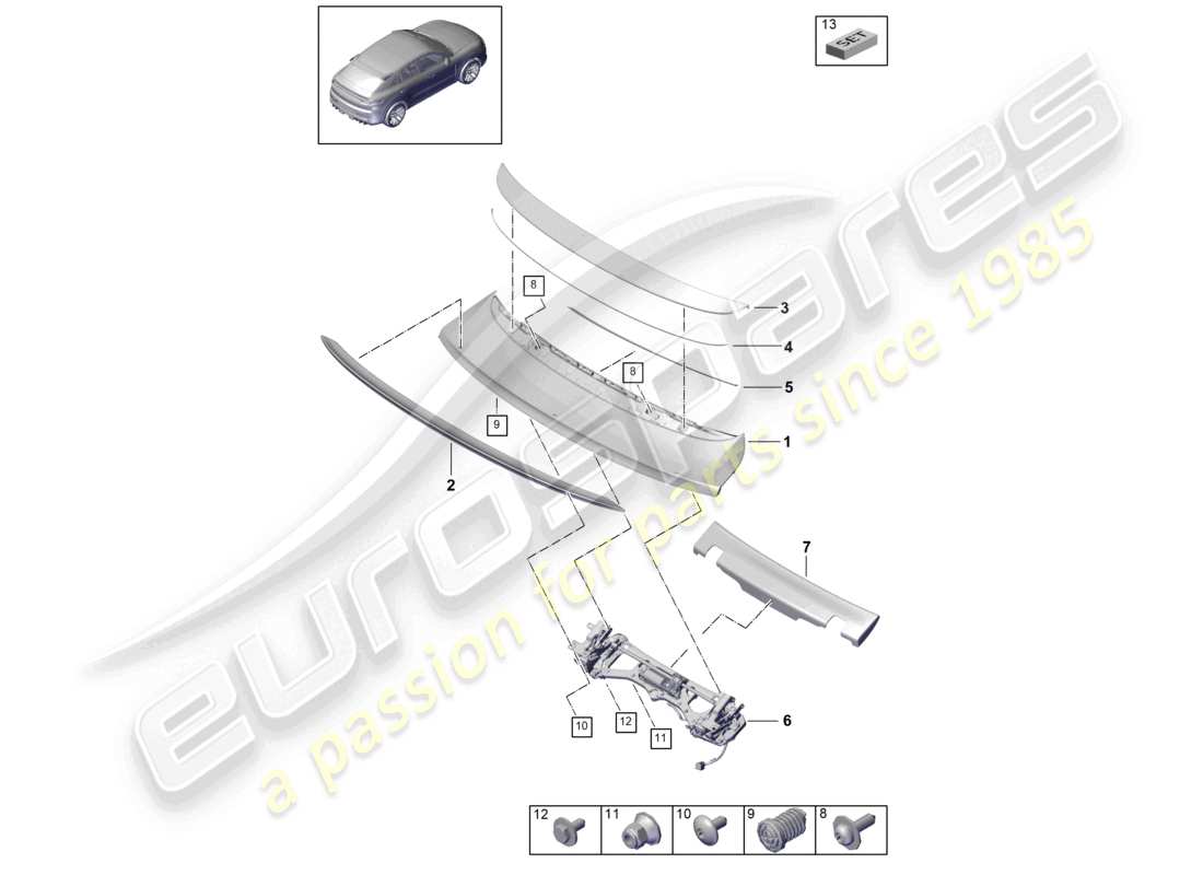 porsche 2024 (cayenne e3 9ya/9yb) rear spoiler turbo gt coupe gt part diagram