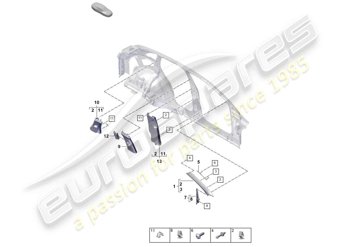 porsche 2024 (cayenne e3 pa) trim upper a-pillar b-pillar c-pillar trim and deformation element part diagram