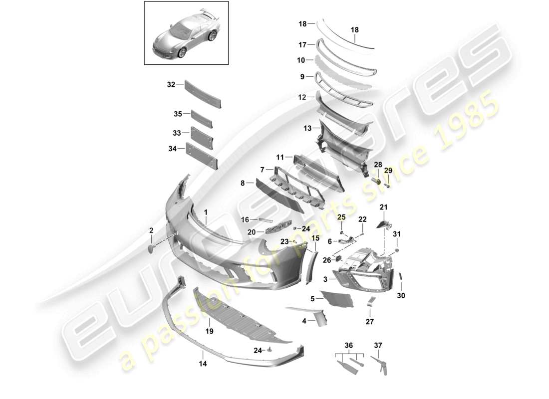 porsche 2021 (991-2 r/gt3/rs) bumper front spoiler part diagram