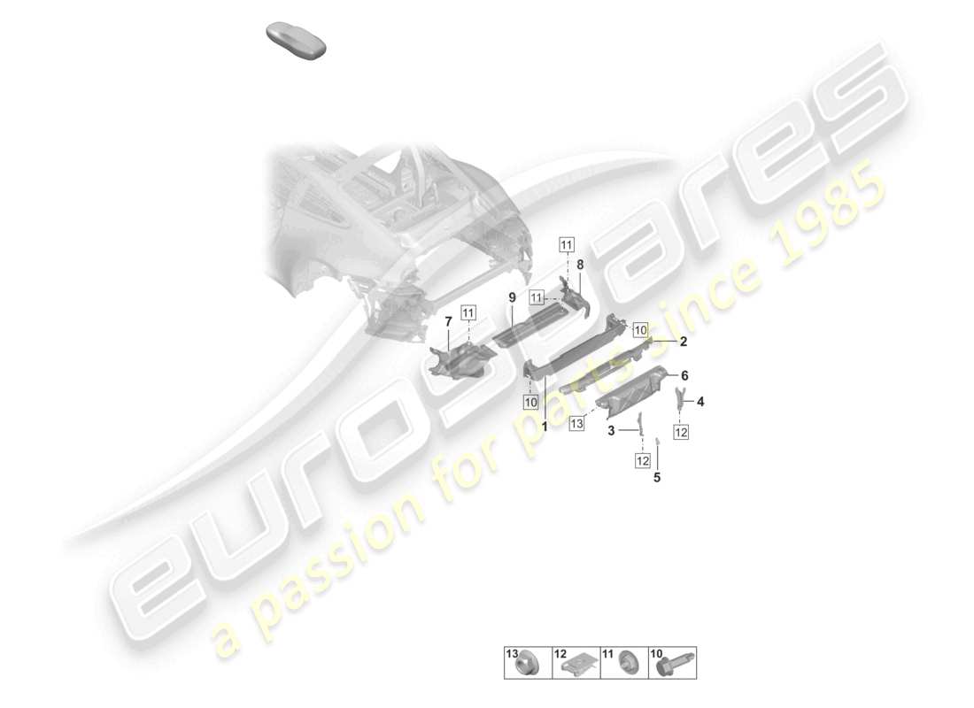 porsche 2023 (992-1) bumper carrier rear and heat shield parts diagram