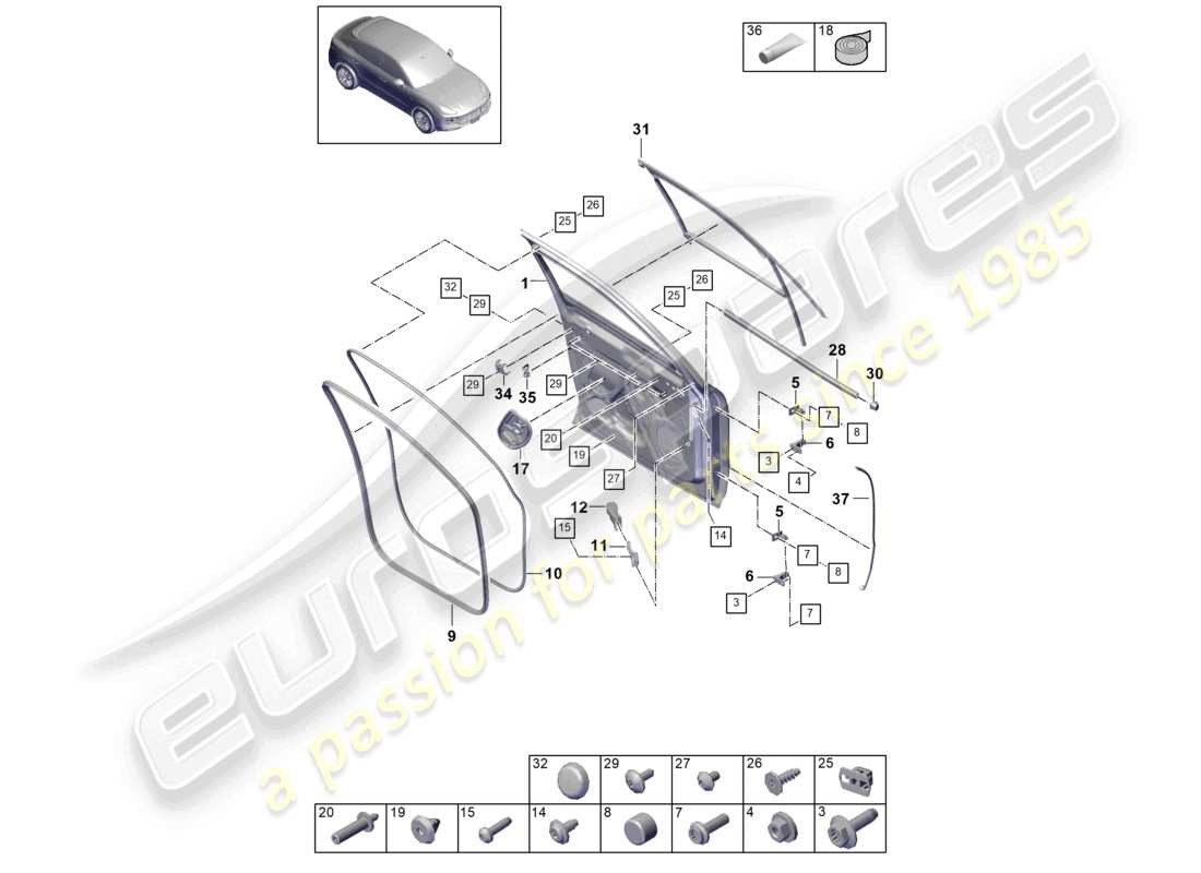 porsche 2021 (cayenne e3 9ya/9yb) door shell front gaskets coupe part diagram