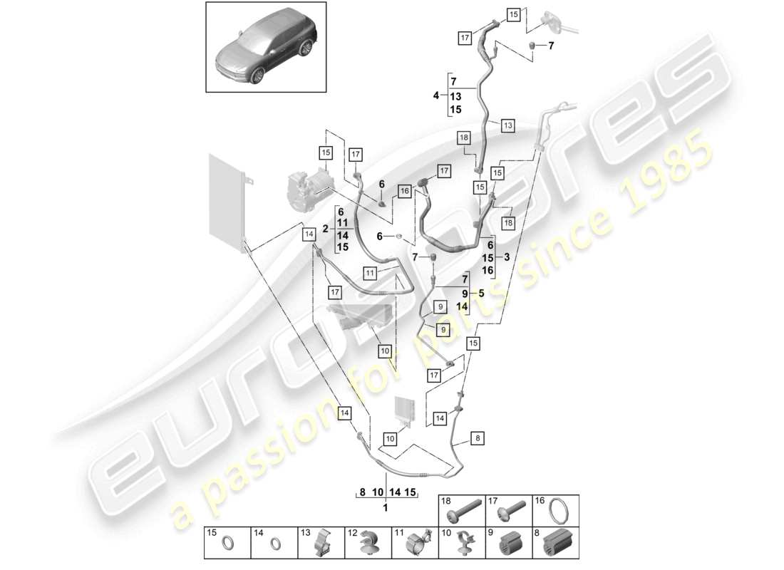 porsche 2021 (cayenne e3 9ya/9yb) refrigerant circuit r4 r134a coolant for vehicles with hybrid drive part diagram