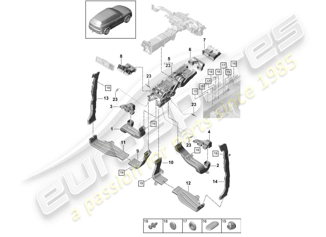 porsche 2021 (cayenne e3 9ya/9yb) air guide air conditioning passenger compartment for vehicles with 2nd heat exchanger part diagram