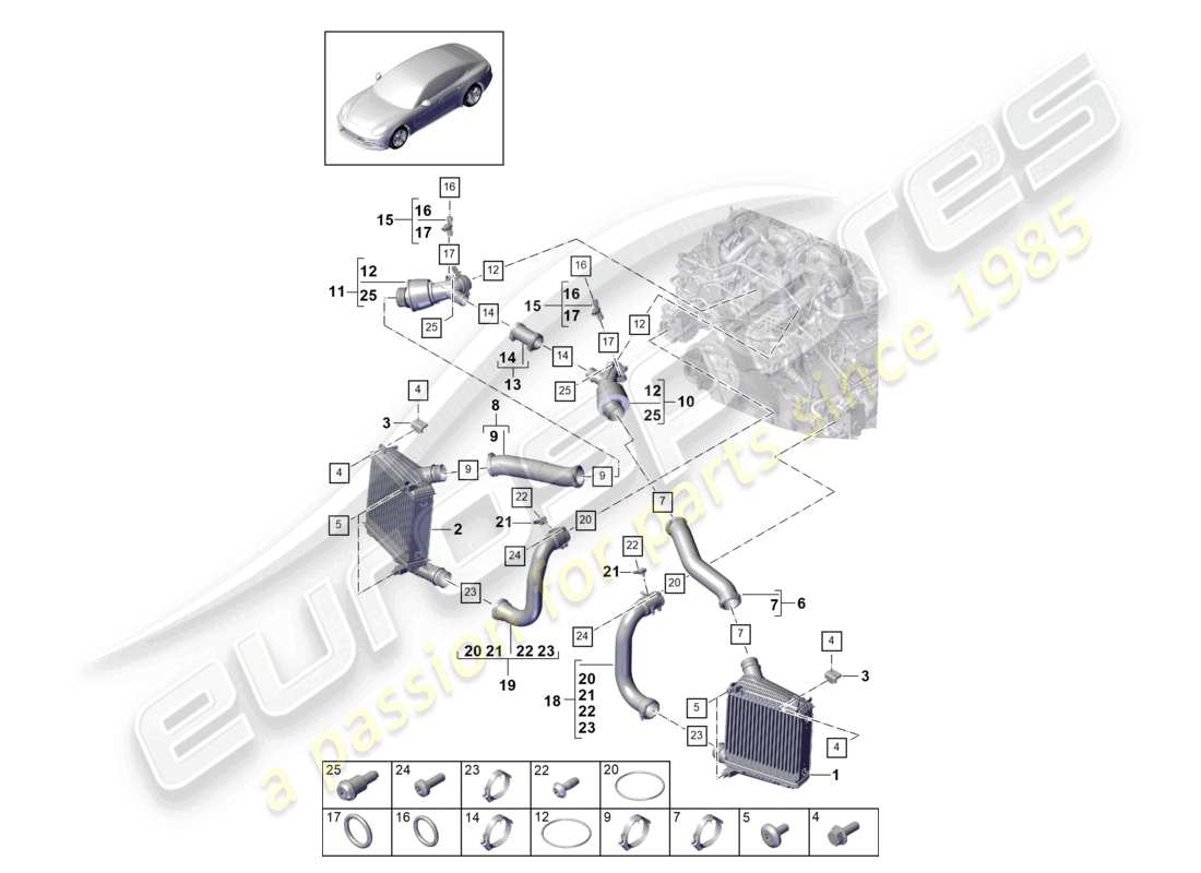 porsche 2021 (panamera 971-1) charge air cooler pressure pipe parts diagram