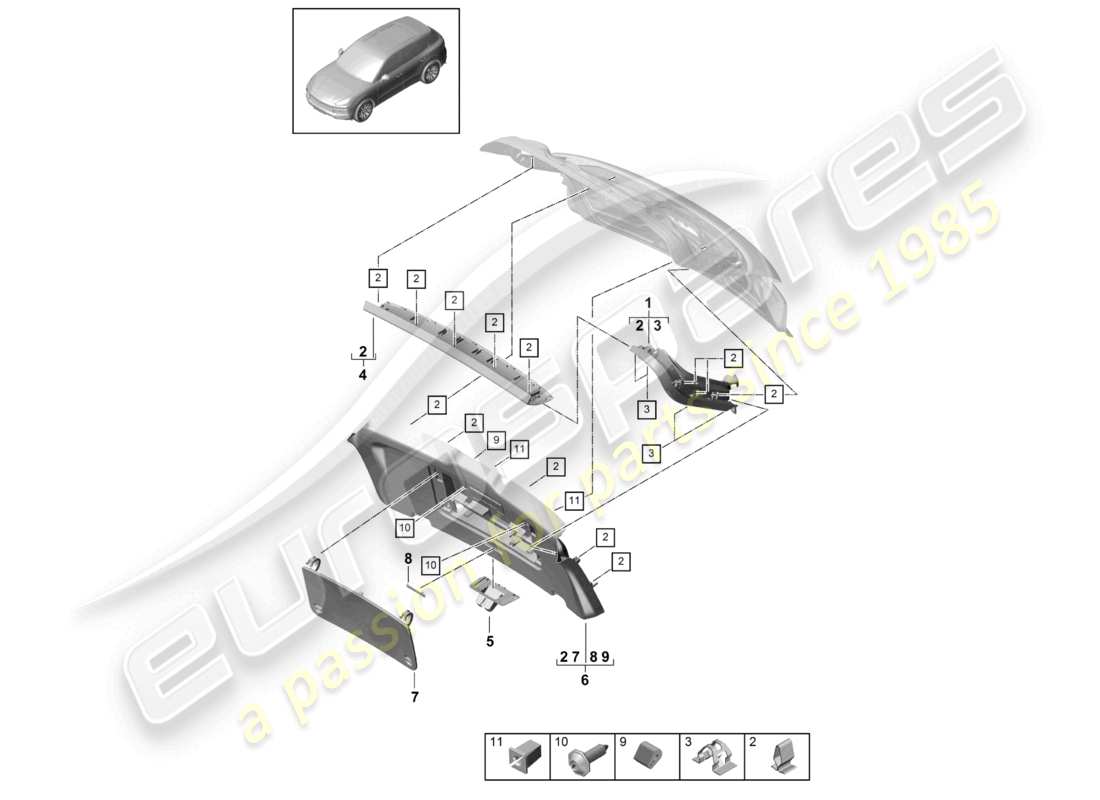 porsche 2023 (cayenne e3 9ya/9yb) trim rear lid part diagram