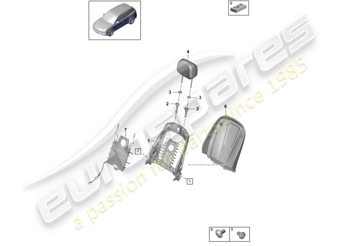 porsche 2022 (cayenne e3 9ya/9yb) backrest frame backrest shell comfort seat part diagram