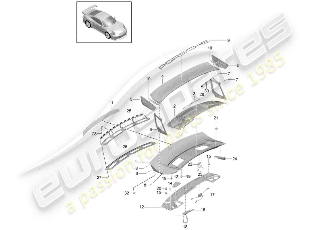 porsche 2018 (991-2 turbo) rear trunk lid part diagram